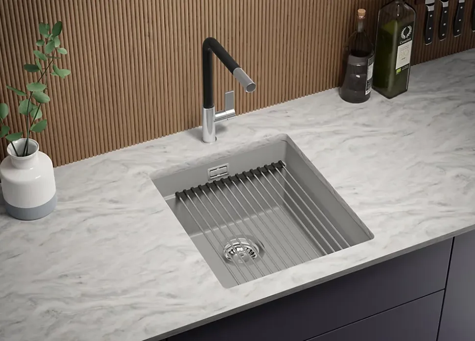 PRIMAGRAN Evier Sous Plan Gris 41x47cm, Evier en Granit 1 bac + Kit de Vidage + Accessoires, Évier au meuble 45cm - Prague