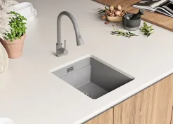 PRIMAGRAN Evier Sous Plan Gris 41x47cm, Evier en Granit 1 bac + Kit de Vidage + Accessoires, Évier au meuble 45cm - Prague