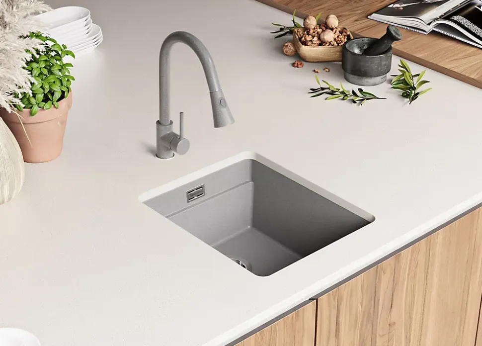 PRIMAGRAN Evier Sous Plan Gris 41x47cm, Evier en Granit 1 bac + Kit de Vidage + Accessoires, Évier au meuble 45cm - Prague