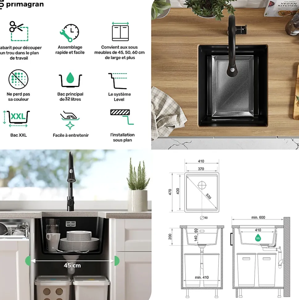 PRIMAGRAN Evier Sous Plan Gris 41x47cm, Evier en Granit 1 bac + Kit de Vidage + Accessoires, Évier au meuble 45cm - Prague