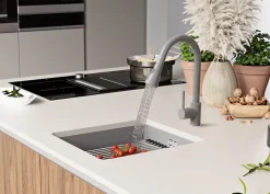 PRIMAGRAN Evier Sous Plan Gris 41x47cm, Evier en Granit 1 bac + Kit de Vidage + Accessoires, Évier au meuble 45cm - Prague