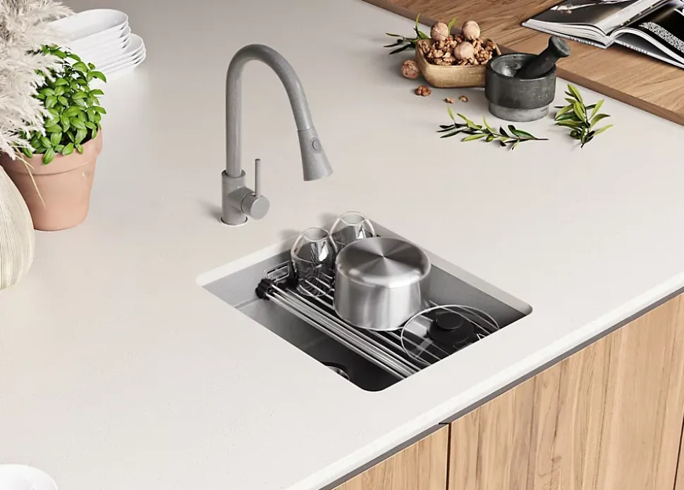 PRIMAGRAN Evier Sous Plan Gris 41x47cm, Evier en Granit 1 bac + Kit de Vidage + Accessoires, Évier au meuble 45cm - Prague