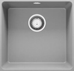 PRIMAGRAN Evier Sous Plan Gris 46x44cm, Evier en Granit 1 bac + Kit de Vidage, Évier au meuble 50cm - Venise Easy