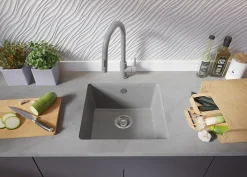 PRIMAGRAN Evier Sous Plan Gris 46x44cm, Evier en Granit 1 bac + Kit de Vidage, Évier au meuble 50cm - Venise Easy