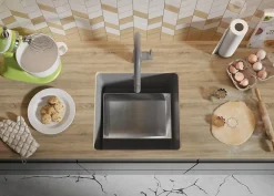 PRIMAGRAN Evier Sous Plan Gris 46x44cm, Evier en Granit 1 bac + Kit de Vidage, Évier au meuble 50cm - Venise Easy