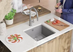 PRIMAGRAN Evier Sous Plan Gris 46x44cm, Evier en Granit 1 bac + Kit de Vidage, Évier au meuble 50cm - Venise Easy