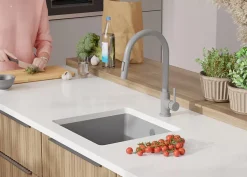 PRIMAGRAN Evier Sous Plan Gris 46x44cm, Evier en Granit 1 bac + Kit de Vidage, Évier au meuble 50cm - Venise Easy