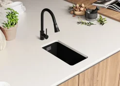 PRIMAGRAN Evier Sous Plan Noir 26x47cm, Evier en Granit 1 bac + Kit de Vidage, Évier au meuble 30cm - London