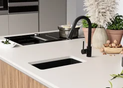 PRIMAGRAN Evier Sous Plan Noir 26x47cm, Evier en Granit 1 bac + Kit de Vidage, Évier au meuble 30cm - London