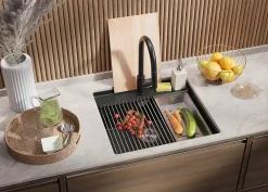 PRIMAGRAN Evier Sous Plan Graphite 56x53cm, Evier en Granit 1 bac + Kit de Vidage + Accessoires, Évier au meuble 60cm - Bergen