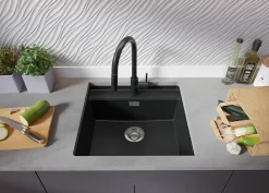 PRIMAGRAN Evier Sous Plan Graphite 56x53cm, Evier en Granit 1 bac + Kit de Vidage + Accessoires, Évier au meuble 60cm - Bergen