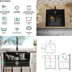 PRIMAGRAN Evier Sous Plan Graphite 56x53cm, Evier en Granit 1 bac + Kit de Vidage + Accessoires, Évier au meuble 60cm - Bergen