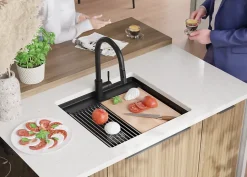 PRIMAGRAN Evier Sous Plan Graphite 56x53cm, Evier en Granit 1 bac + Kit de Vidage + Accessoires, Évier au meuble 60cm - Bergen