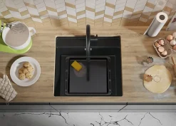 PRIMAGRAN Evier Sous Plan Graphite 56x53cm, Evier en Granit 1 bac + Kit de Vidage + Accessoires, Évier au meuble 60cm - Bergen