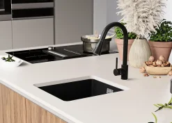 PRIMAGRAN Evier Sous Plan Tout Noir 41x47cm, Evier en Granit 1 bac + Kit de Vidage, Évier au meuble 45cm - London