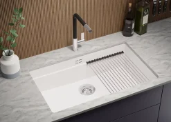 PRIMAGRAN Evier Sous Plan Blanc 76x47cm, Evier en Granit 1 bac + Kit de Vidage + Accessoires, Évier au meuble 80cm - Prague