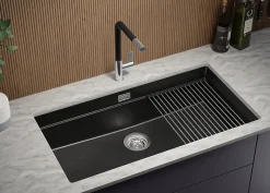 PRIMAGRAN Evier Sous Plan Noir Métallisé 86x47cm, Evier en Granit 1 bac + Kit de Vidage + Accessoires, Évier au meuble 90cm