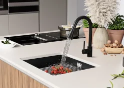 PRIMAGRAN Evier Sous Plan Noir Métallisé 86x47cm, Evier en Granit 1 bac + Kit de Vidage + Accessoires, Évier au meuble 90cm