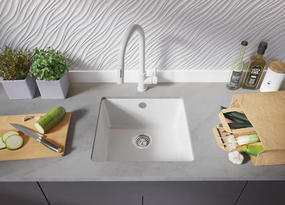 PRIMAGRAN Evier Sous Plan Blanc 46x44cm, Evier en Granit 1 bac + Kit de Vidage, Évier au meuble 50cm - Venise Easy