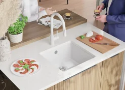 PRIMAGRAN Evier Sous Plan Blanc 46x44cm, Evier en Granit 1 bac + Kit de Vidage, Évier au meuble 50cm - Venise Easy