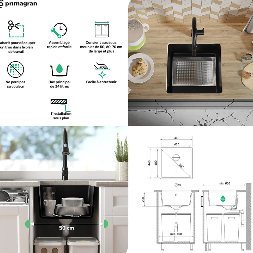 PRIMAGRAN Evier Sous Plan Blanc 46x44cm, Evier en Granit 1 bac + Kit de Vidage, Évier au meuble 50cm - Venise Easy