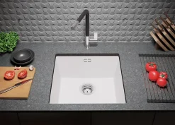 PRIMAGRAN Evier Sous Plan Blanc 46x47cm, Evier en Granit 1 bac + Kit de Vidage, Évier au meuble 50cm - London