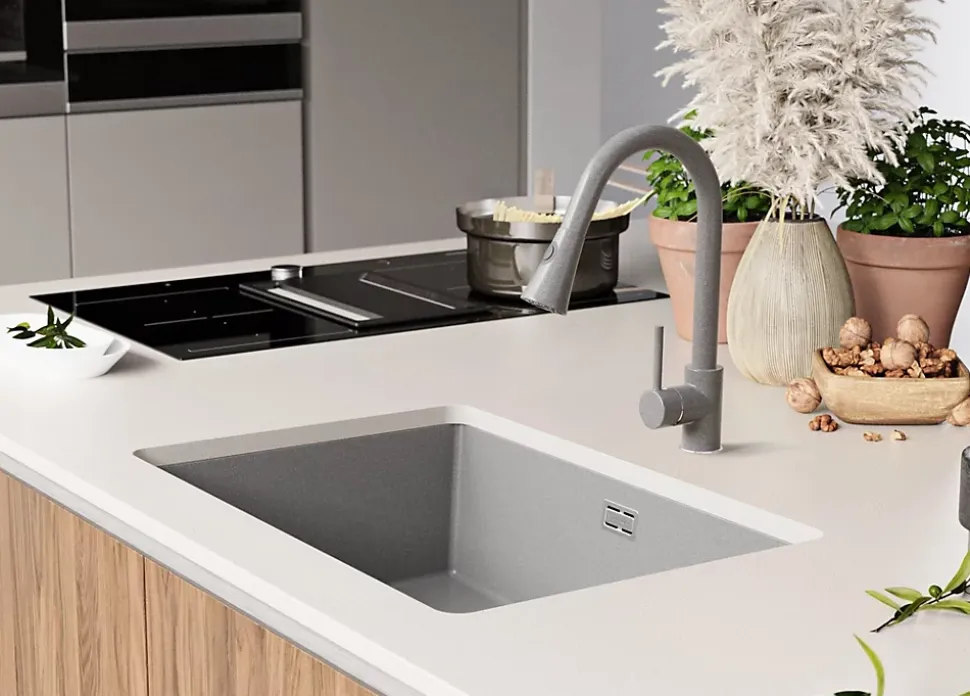 PRIMAGRAN Evier Sous Plan Gris 66x47cm, Evier en Granit 1 bac + Kit de Vidage, Évier au meuble 70cm - London