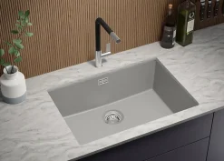 PRIMAGRAN Evier Sous Plan Gris 66x47cm, Evier en Granit 1 bac + Kit de Vidage, Évier au meuble 70cm - London