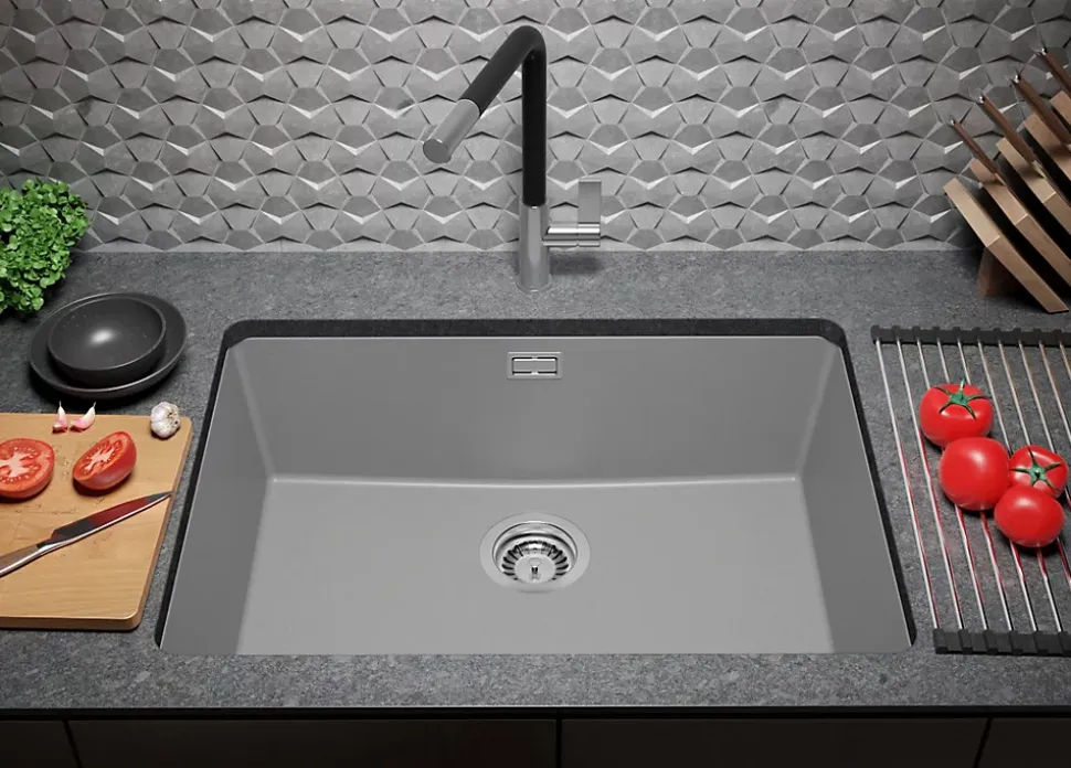 PRIMAGRAN Evier Sous Plan Gris 66x47cm, Evier en Granit 1 bac + Kit de Vidage, Évier au meuble 70cm - London