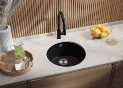 PRIMAGRAN Evier Sous Plan Noir Métallisé 46x46cm, Evier en Granit 1 bac + Kit de Vidage, Évier au meuble 50cm - La Valette