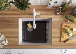 PRIMAGRAN Evier Sous Plan Blanc 56x47cm, Evier en Granit 1 bac + Kit de Vidage, Évier au meuble 60cm - London