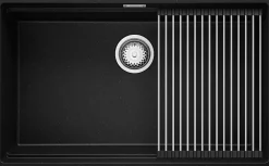 PRIMAGRAN Evier Sous Plan Noir Métallisé 76x47cm, Evier en Granit 1 bac + Kit de Vidage + Accessoires, Évier au meuble 80cm