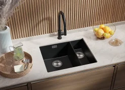 PRIMAGRAN Evier Sous Plan Graphite 56x47cm, Evier en Granit 1,5 bacs + Kit de Vidage, Évier au meuble 60cm - London Duo