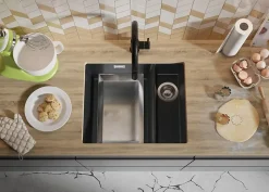 PRIMAGRAN Evier Sous Plan Graphite 56x47cm, Evier en Granit 1,5 bacs + Kit de Vidage, Évier au meuble 60cm - London Duo