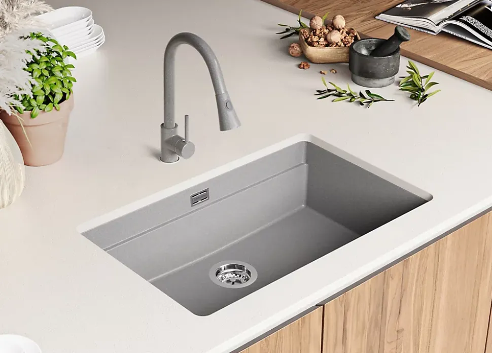 PRIMAGRAN Evier Sous Plan Gris 76x47cm, Evier en Granit 1 bac + Kit de Vidage + Accessoires, Évier au meuble 80cm - Prague