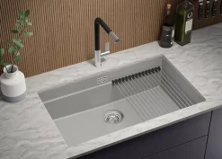 PRIMAGRAN Evier Sous Plan Gris 76x47cm, Evier en Granit 1 bac + Kit de Vidage + Accessoires, Évier au meuble 80cm - Prague