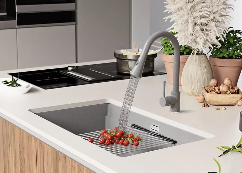 PRIMAGRAN Evier Sous Plan Gris 76x47cm, Evier en Granit 1 bac + Kit de Vidage + Accessoires, Évier au meuble 80cm - Prague