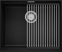 PRIMAGRAN Evier Sous Plan Noir Métallisé 56x47cm, Evier en Granit 1 bac + Kit de Vidage + Accessoires, Évier au meuble 60cm