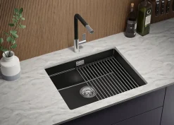 PRIMAGRAN Evier Sous Plan Noir Métallisé 56x47cm, Evier en Granit 1 bac + Kit de Vidage + Accessoires, Évier au meuble 60cm