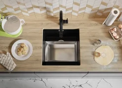 PRIMAGRAN Evier Sous Plan Noir 46x47cm, Evier en Granit 1 bac + Kit de Vidage + Accessoires, Évier au meuble 50cm - Prague