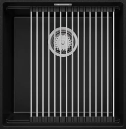 PRIMAGRAN Evier Sous Plan Noir 46x47cm, Evier en Granit 1 bac + Kit de Vidage + Accessoires, Évier au meuble 50cm - Prague