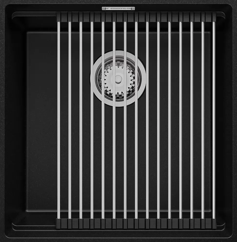 PRIMAGRAN Evier Sous Plan Noir 46x47cm, Evier en Granit 1 bac + Kit de Vidage + Accessoires, Évier au meuble 50cm - Prague