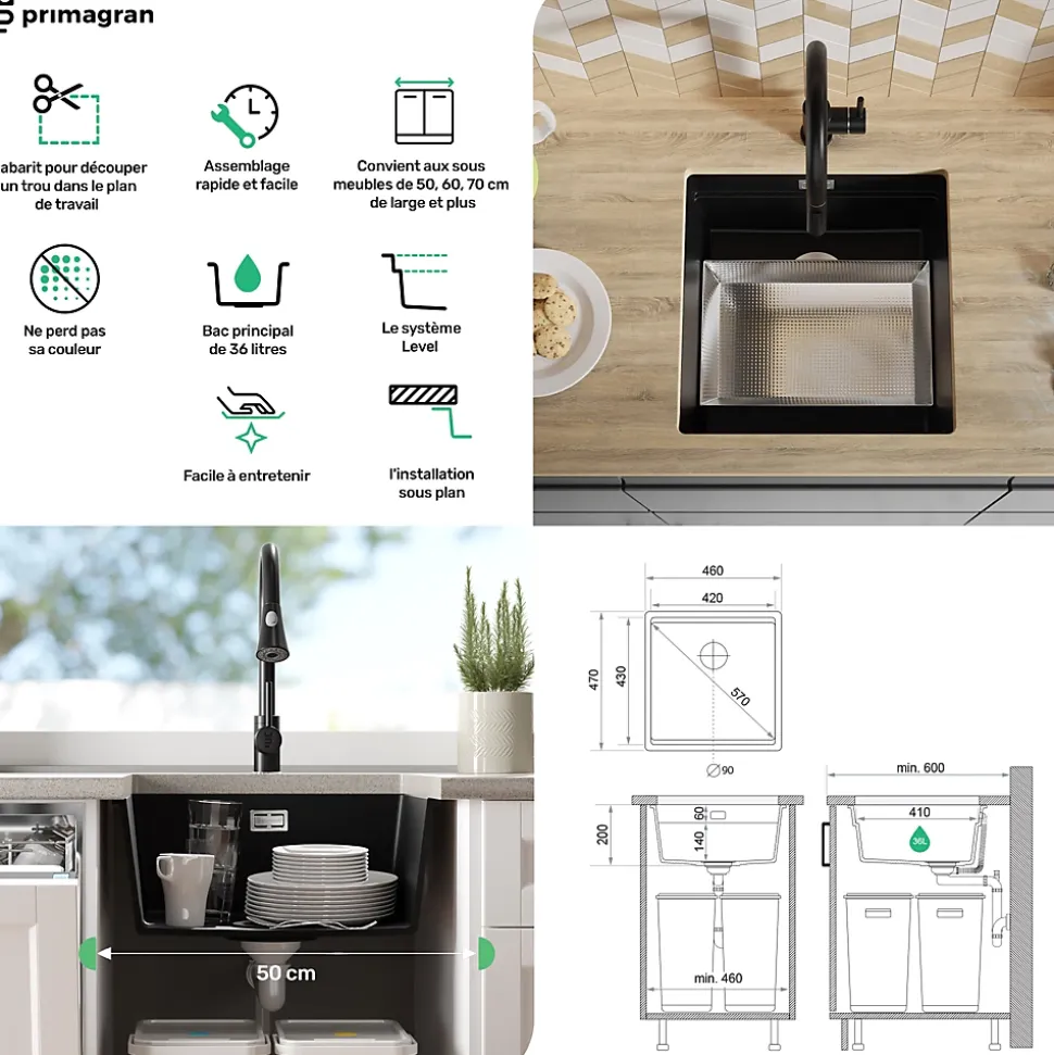 PRIMAGRAN Evier Sous Plan Noir 46x47cm, Evier en Granit 1 bac + Kit de Vidage + Accessoires, Évier au meuble 50cm - Prague