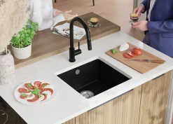 PRIMAGRAN Evier Sous Plan Noir Métallisé 46x44cm, Evier en Granit 1 bac + Kit de Vidage, Évier au meuble 50cm - Venise Easy