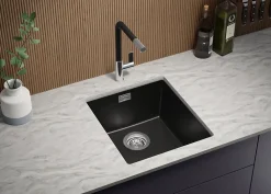 PRIMAGRAN Evier Sous Plan Noir Métallisé 41x47cm, Evier en Granit 1 bac + Kit de Vidage, Évier au meuble 45cm - London