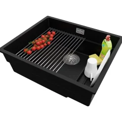 PRIMAGRAN Evier Sous Plan Noir 56x47cm, Evier en Granit 1 bac + Kit de Vidage + Accessoires, Évier au meuble 60cm - Prague