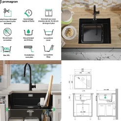 PRIMAGRAN Evier Sous Plan Noir 56x47cm, Evier en Granit 1 bac + Kit de Vidage + Accessoires, Évier au meuble 60cm - Prague