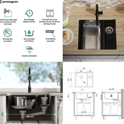 PRIMAGRAN Evier Sous Plan Noir 56x47cm, Evier en Granit 1,5 bacs + Kit de Vidage, Évier au meuble 60cm - London Duo