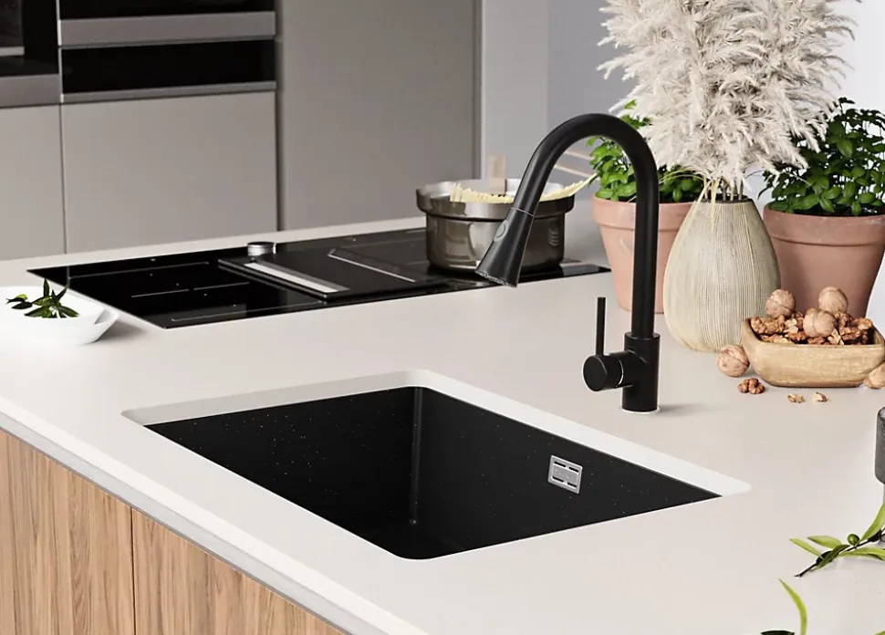 PRIMAGRAN Evier Sous Plan Noir Métallisé 66x47cm, Evier en Granit 1 bac + Kit de Vidage, Évier au meuble 70cm - London