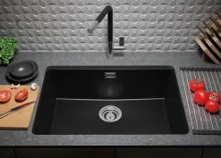 PRIMAGRAN Evier Sous Plan Noir Métallisé 66x47cm, Evier en Granit 1 bac + Kit de Vidage, Évier au meuble 70cm - London